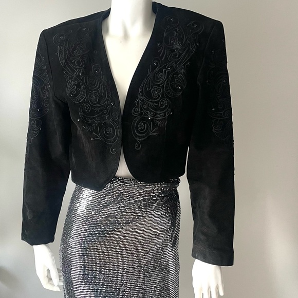 DANIER Black Embroidered Suede Cropped Jacket Vintage Leather Bolero - Picture 2 of 7